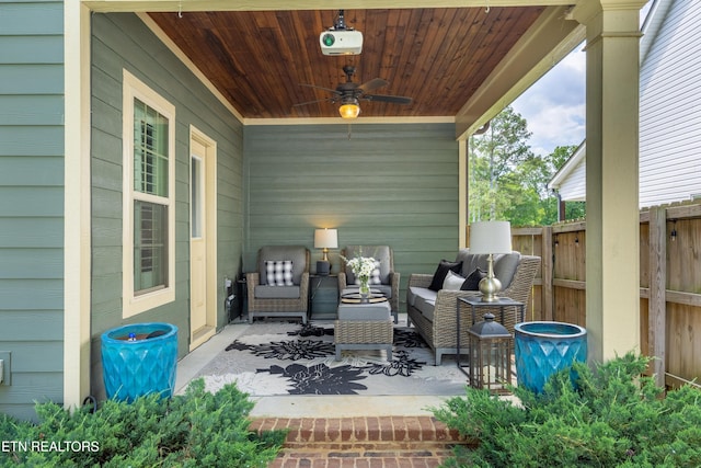 view of patio featuring ceiling fan and an outdoor hangout area