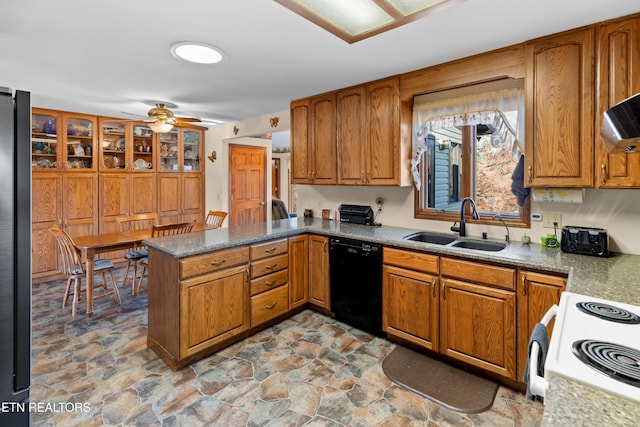 kitchen featuring kitchen peninsula, dishwasher, ceiling fan, sink, and white electric range oven