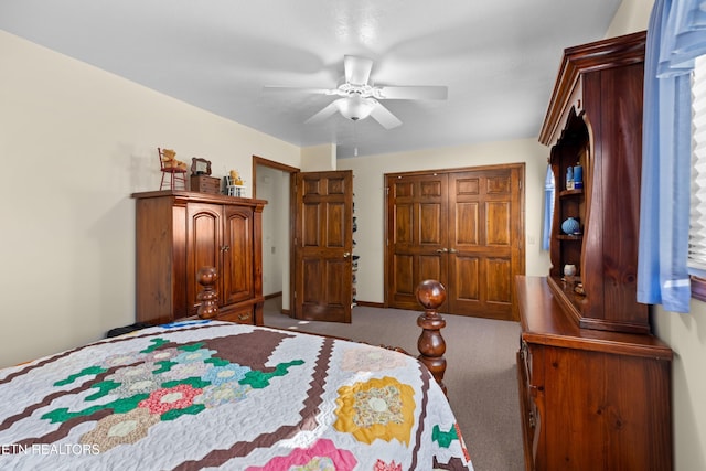 carpeted bedroom with ceiling fan