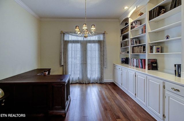 home office with french doors, ornamental molding, dark hardwood / wood-style flooring, and an inviting chandelier