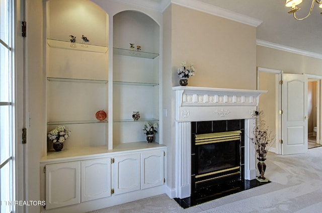 living room featuring light colored carpet, a fireplace, and ornamental molding