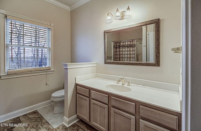 bathroom featuring vanity, ornamental molding, toilet, tile patterned floors, and a shower with shower curtain