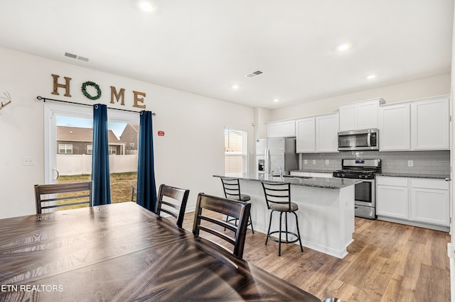 kitchen with appliances with stainless steel finishes, a kitchen island with sink, white cabinets, dark stone countertops, and backsplash