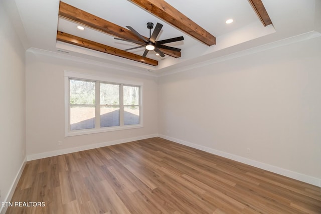 unfurnished room featuring hardwood / wood-style flooring, beamed ceiling, and ceiling fan