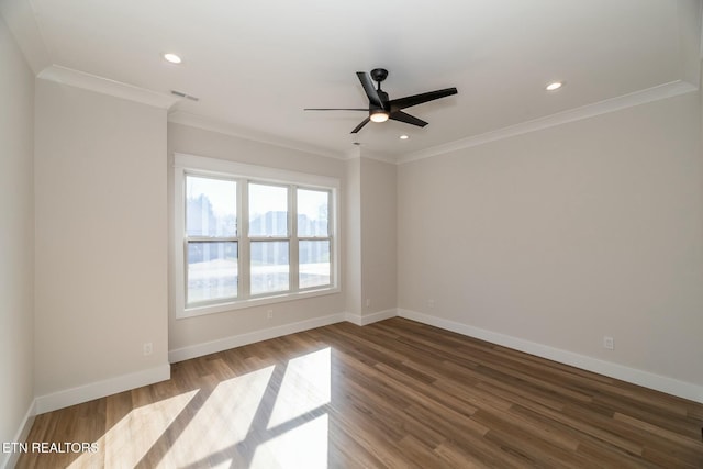 unfurnished room featuring hardwood / wood-style flooring, crown molding, and ceiling fan