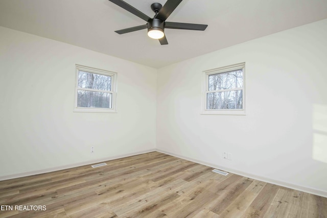 empty room with ceiling fan, light hardwood / wood-style floors, and a wealth of natural light