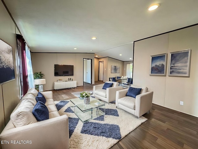 living room with recessed lighting and wood finished floors