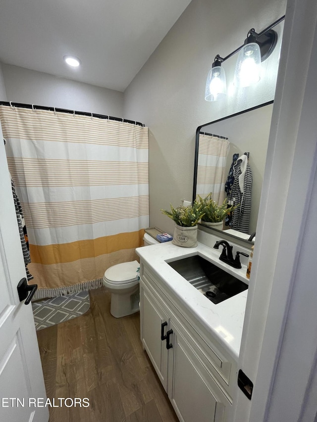 bathroom with hardwood / wood-style flooring, vanity, and toilet