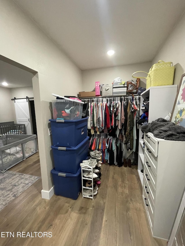 spacious closet featuring wood-type flooring and a barn door