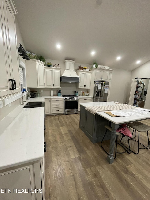 kitchen featuring sink, custom exhaust hood, dark hardwood / wood-style flooring, a kitchen island, and stainless steel appliances