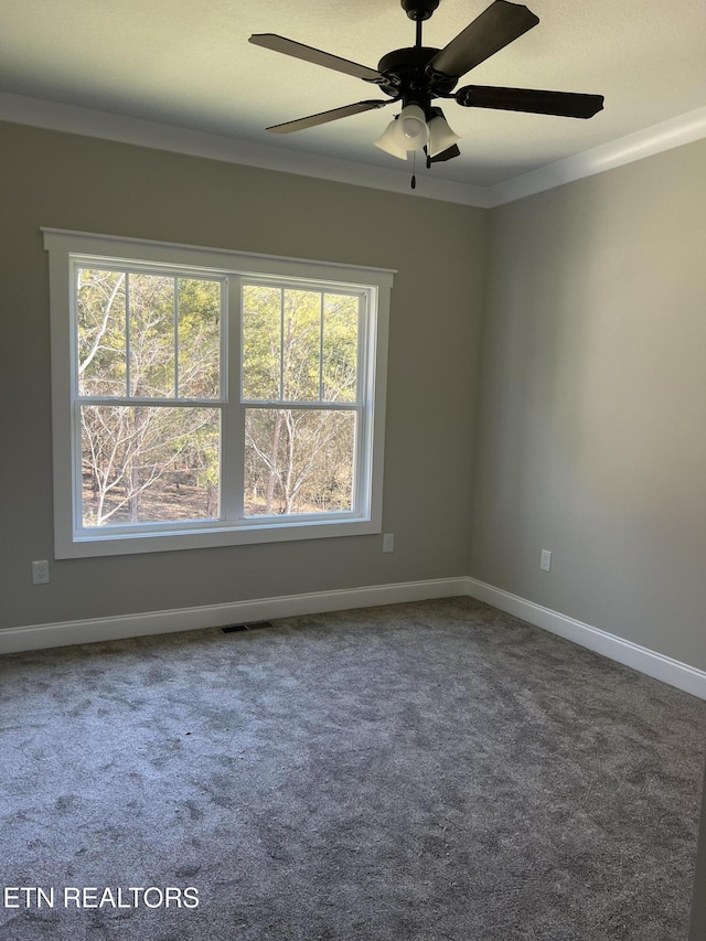 carpeted empty room featuring ceiling fan and ornamental molding