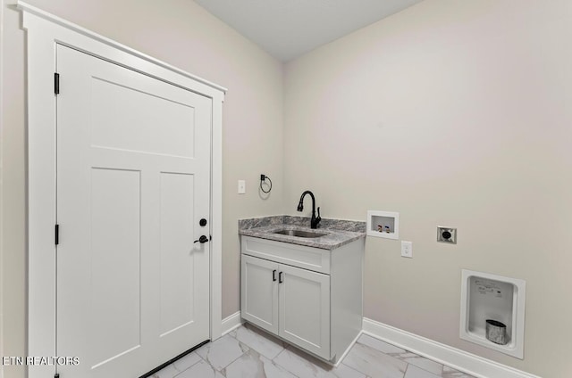 laundry room with washer hookup, cabinets, sink, and hookup for an electric dryer