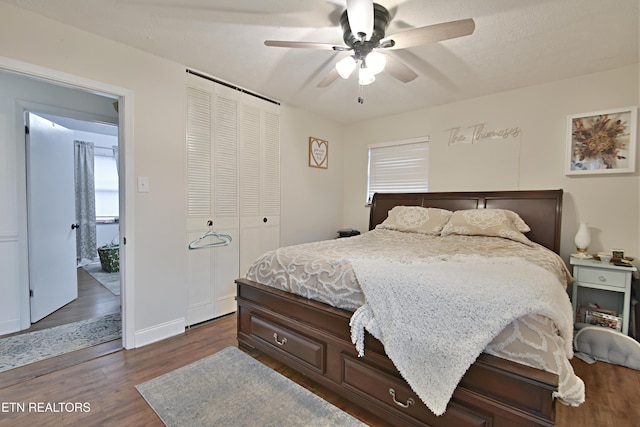 bedroom featuring dark wood-type flooring, ceiling fan, and a closet