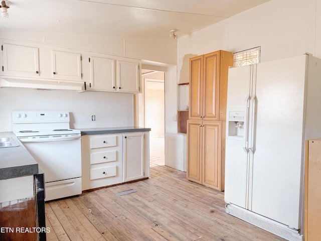 kitchen featuring white cabinetry, white appliances, vaulted ceiling, and light wood-type flooring