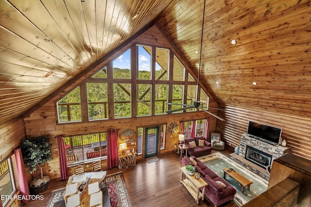 living room featuring wood ceiling, a fireplace, rustic walls, high vaulted ceiling, and hardwood / wood-style flooring