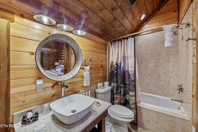 full bathroom featuring shower / bath combo with shower curtain, sink, wood ceiling, and wooden walls