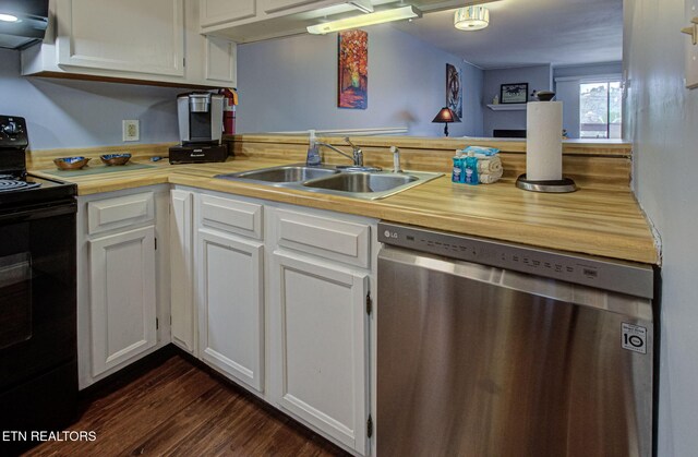 kitchen featuring white cabinets, dishwasher, sink, kitchen peninsula, and black electric range