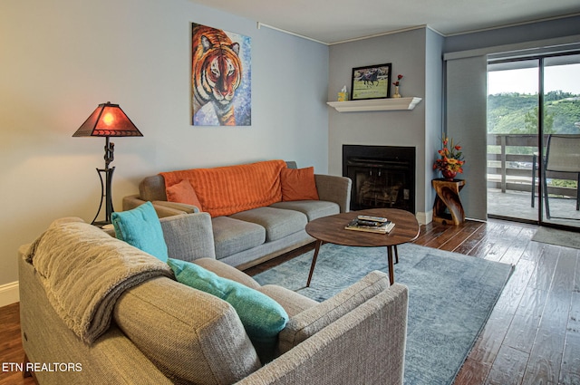 living room with dark hardwood / wood-style flooring