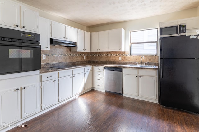 kitchen with white cabinets, dark hardwood / wood-style floors, sink, and black appliances