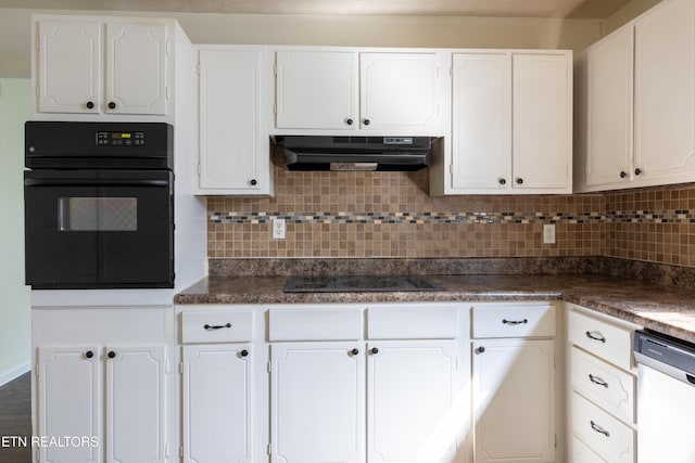 kitchen featuring white cabinetry, backsplash, and black appliances