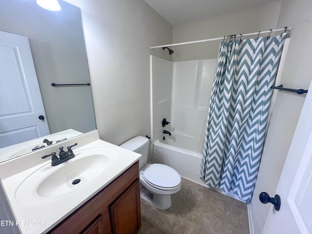 full bathroom featuring vanity, shower / bath combination with curtain, and toilet