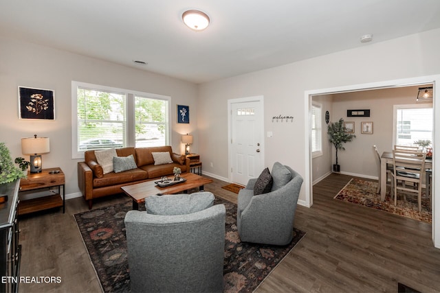 living room with dark hardwood / wood-style flooring