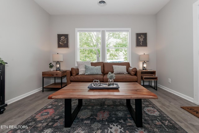 living room with dark hardwood / wood-style flooring