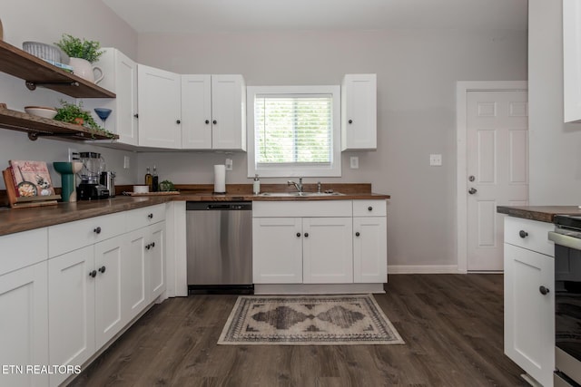 kitchen with dark wood-type flooring, dishwasher, sink, and white cabinets