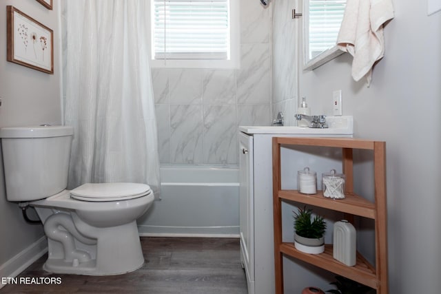 bathroom with shower / bath combination with curtain, wood-type flooring, and toilet