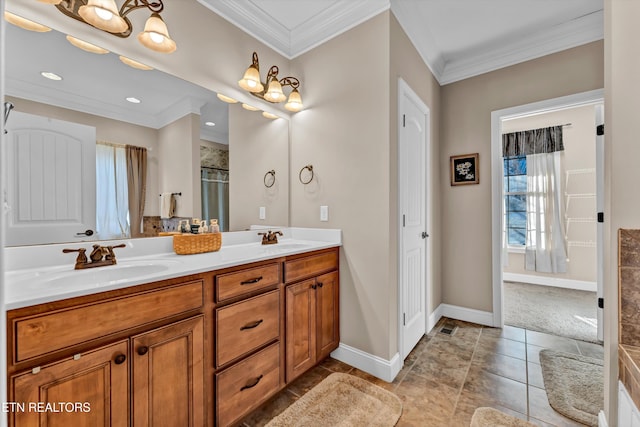 bathroom with vanity and ornamental molding