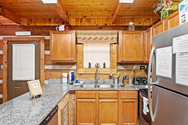 kitchen with sink, wood ceiling, appliances with stainless steel finishes, light stone counters, and beamed ceiling