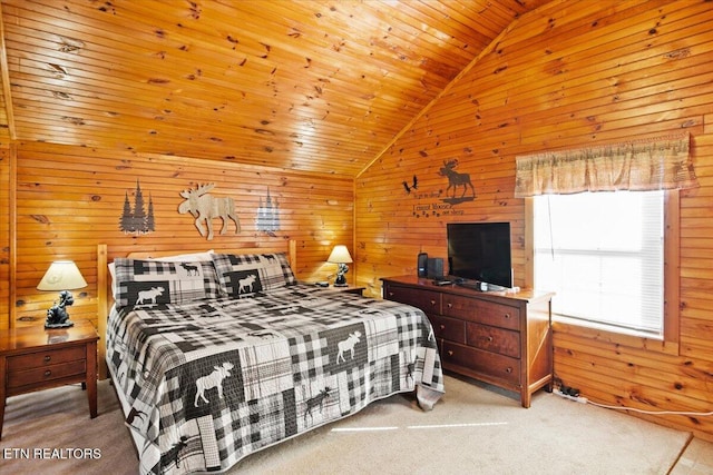 carpeted bedroom with lofted ceiling, wood ceiling, and wooden walls