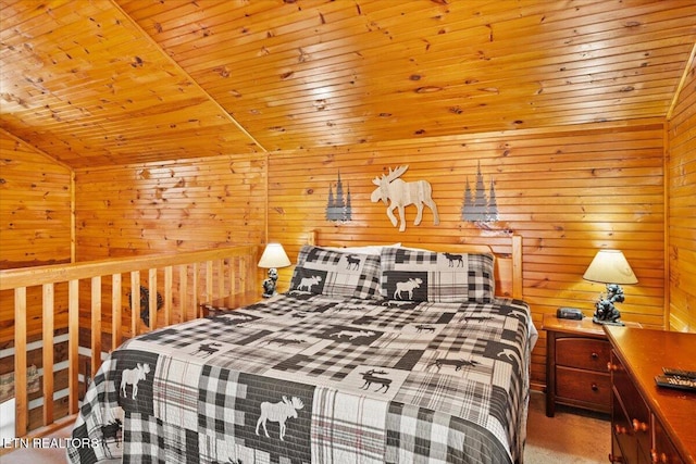 bedroom with wood ceiling and carpet floors