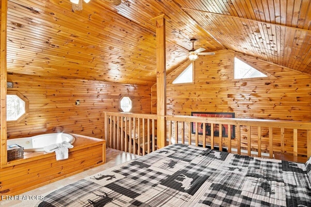 bonus room featuring wood ceiling, ceiling fan, and wood walls