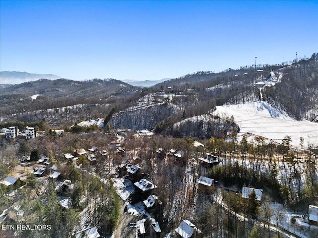 snowy aerial view with a mountain view