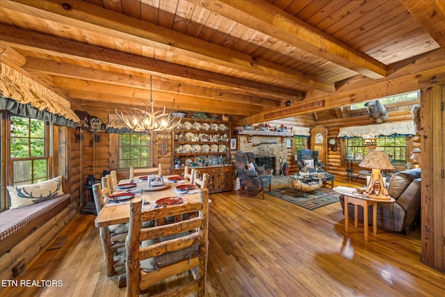 dining space with a fireplace, beam ceiling, wooden ceiling, a notable chandelier, and log walls