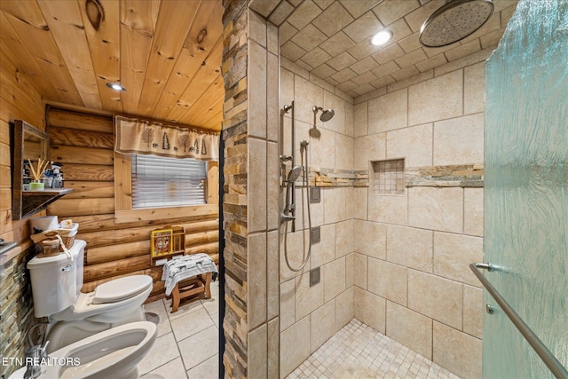 bathroom with a bidet, rustic walls, and a tile shower