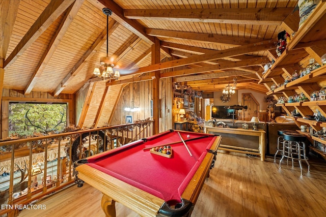 recreation room with pool table, wooden walls, lofted ceiling with beams, and wood-type flooring