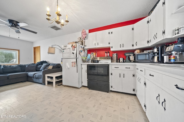 kitchen with ceiling fan with notable chandelier, white cabinets, white fridge, electric range, and a textured ceiling