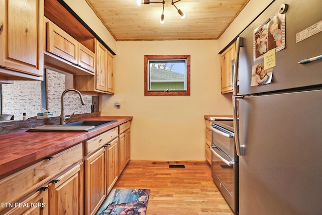 kitchen featuring appliances with stainless steel finishes, sink, wood ceiling, and light hardwood / wood-style flooring