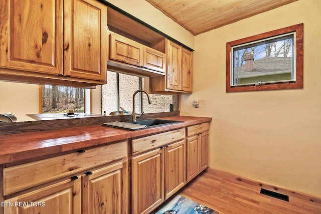 kitchen featuring butcher block countertops, sink, tasteful backsplash, wooden ceiling, and light wood-type flooring