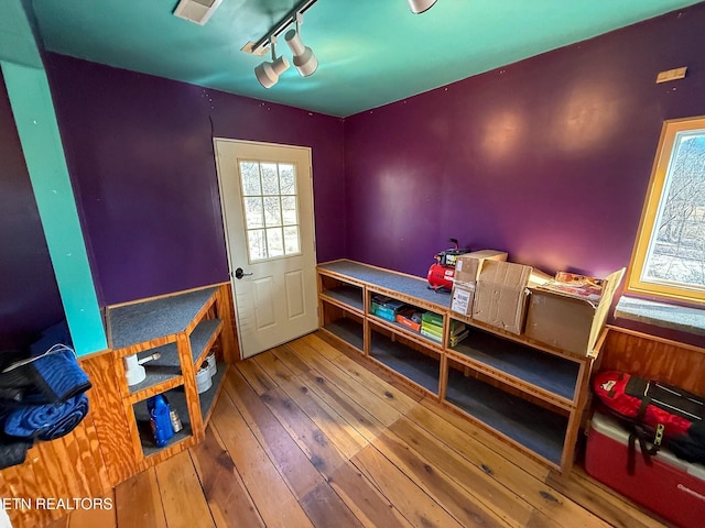 recreation room with wood-type flooring and rail lighting