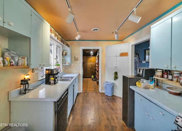 kitchen featuring open shelves, light countertops, visible vents, dark wood-type flooring, and dishwasher