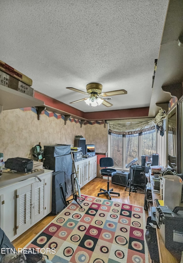 office space featuring a ceiling fan, light wood-type flooring, and a textured ceiling