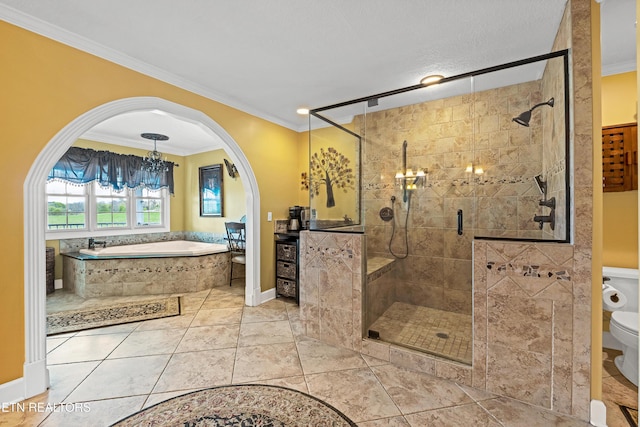 bathroom featuring independent shower and bath, crown molding, and toilet