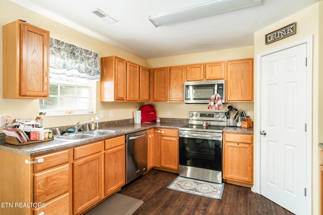 kitchen with sink, stainless steel appliances, and dark hardwood / wood-style floors