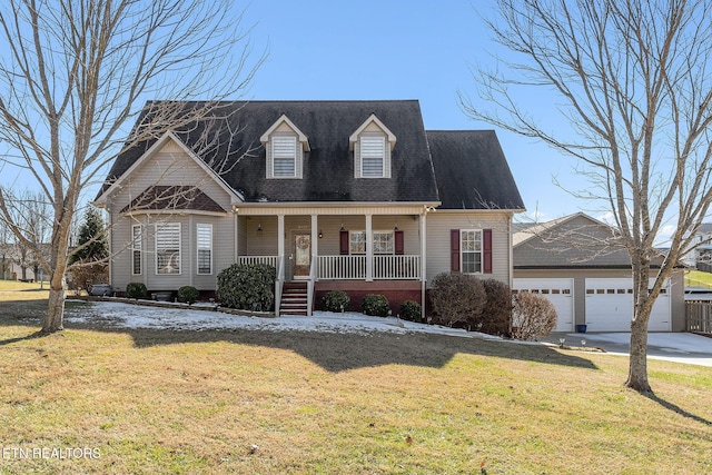 cape cod home featuring covered porch, a front lawn, and a garage