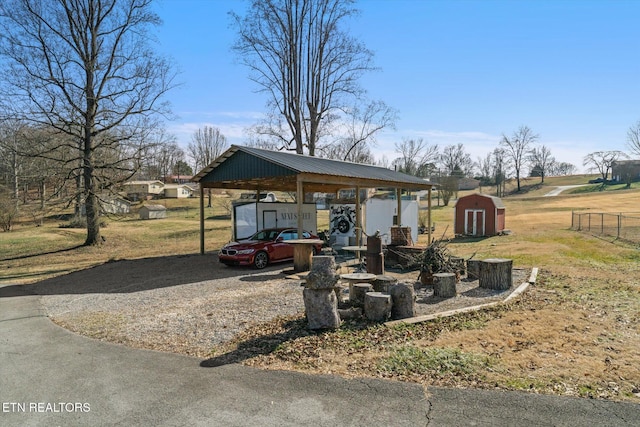 exterior space featuring a storage shed