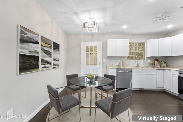 dining room with dark wood-style flooring, recessed lighting, and baseboards