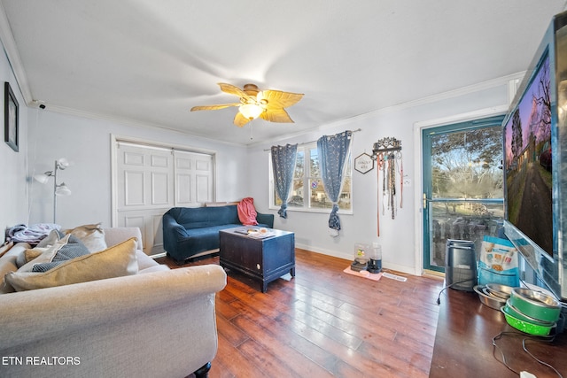 living room featuring crown molding, ceiling fan, and dark hardwood / wood-style flooring